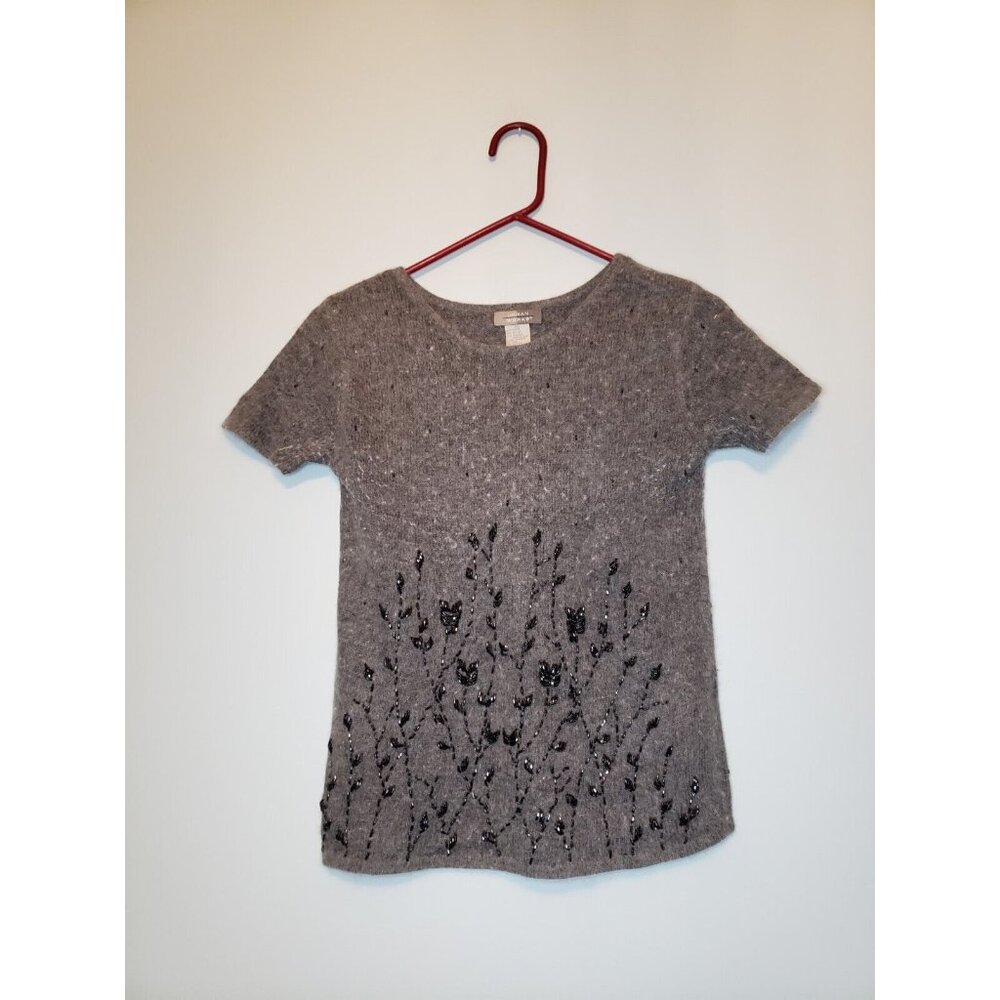 Urban Works Womens Sz XS Sweater Short Sleeve Gray Angora Rabbit Floral Beaded